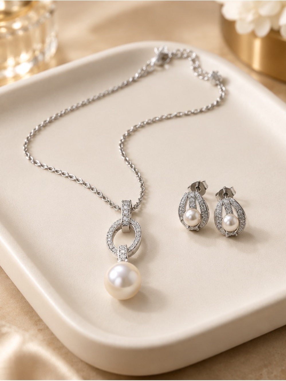 Avon Silver-Tone Pearl and Crystal Pendant Necklace with Matching Earrings